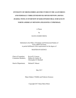 Ontogeny of Oromandibular Structures in the Algivorous and Federally Threatened Devils River Minnow, Dionda Diaboli, with An