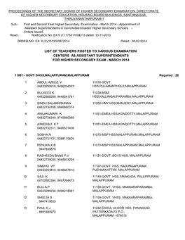 List of Teachers Posted to Various Examination Centers As Assistant Superintendents for Higher Secondary Exam - March 2014