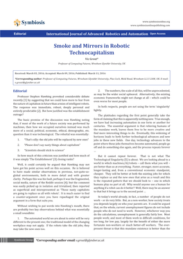 Smoke and Mirrors in Robotic Technocapitalism Vic Grout* Professor of Computing Futures, Wrexham Glyndŵr University, UK