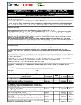 School License Agreement Annual Fee Worksheet - USD APAC AUGUST 2016 Academic Program Information Link