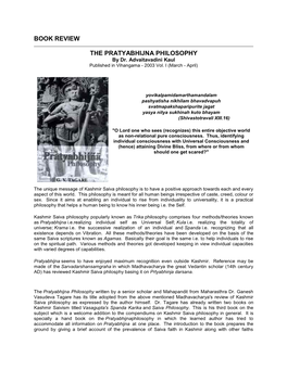 Book Review the Pratyabhijna Philosophy