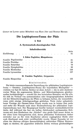Die Lepidopteren-Fauna Der Pfalz I. Teil a . Systematisch