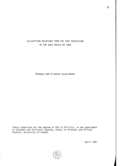 Us-Egyptian Relations from the 1952 Revolution to the Suez Crisis of 1956