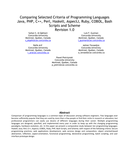 Comparing Selected Criteria of Programming Languages Java, PHP, C++, Perl, Haskell, Aspectj, Ruby, COBOL, Bash Scripts and Scheme Revision 1.0 Sultan S