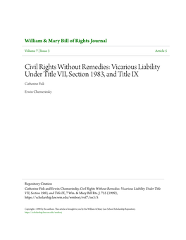 Civil Rights Without Remedies: Vicarious Liability Under Title VII, Section 1983, and Title IX Catherine Fisk