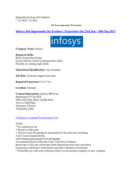 Infosys Job Opportunity for Freshers / Experience on 23Rd Sep - 30Th Sep 2013