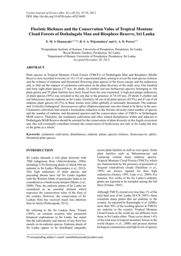 Floristic Richness and the Conservation Value of Tropical Montane Cloud Forests of Dothalugala Man and Biosphere Reserve, Sri Lanka