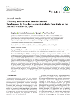 Research Article Efficiency Assessment of Transit-Oriented Development by Data Envelopment Analysis: Case Study on the Den-En Toshi Line in Japan