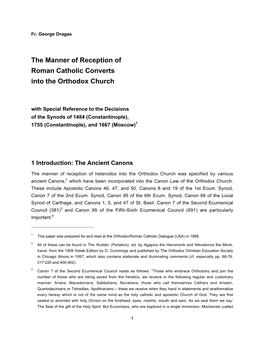 The Manner of Reception of Roman Catholic Converts Into the Orthodox Church