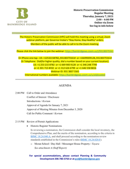 Historic Preservation Commission Regular Meeting Thursday, January 7, 2021 2:00 – 4:00 PM Online Via Zoom See Log in Info Below