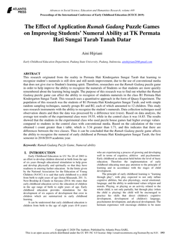 The Effect of Application Rumah Gadang Puzzle Games on Improving Students’ Numeral Ability at TK Permata Hati Sungai Tarab Tanah Datar