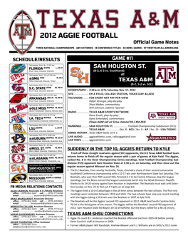2012 AGGIE FOOTBALL Official Game Notes THREE NATIONAL CHAMPIONSHIPS • 689 VICTORIES • 18 CONFERENCE TITLES • 33 BOWL GAMES • 57 FIRST-TEAM ALL-AMERICANS