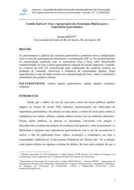 Comida High-Tech: Usos E Apropriações Das Tecnologias Digitais Para a Experiência Gastronômica 1