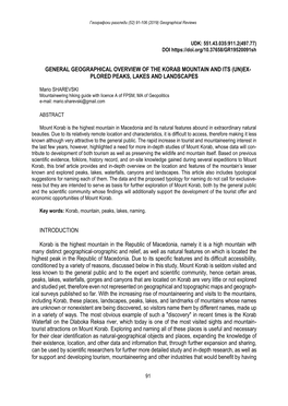 General Geographical Overview of the Korab Mountain and Its (Un)Ex- Plored Peaks, Lakes and Landscapes