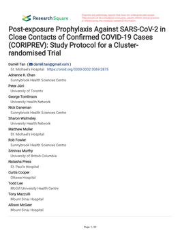 Post-Exposure Prophylaxis Against SARS-Cov-2 in Close Contacts of Confrmed COVID-19 Cases (CORIPREV): Study Protocol for a Cluster- Randomised Trial