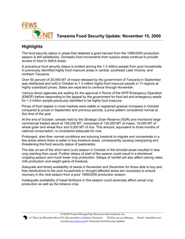 Highlights Tanzania Food Security Update: November 15, 2000
