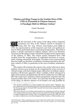 Tibetan and Qing Troops in the Gorkha Wars (1788– 1792) As Presented in Chinese Sources: a Paradigm Shift in Military Culture*