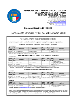 Comunicato Ufficiale N° 66 Del 23 Gennaio 2020