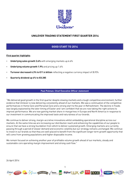 Unilever Trading Statement First Quarter 2014