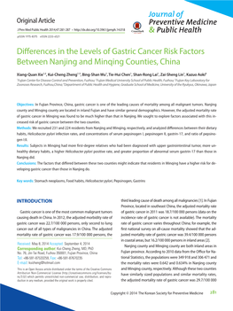 Differences in the Levels of Gastric Cancer Risk Factors Between Nanjing and Minqing Counties, China