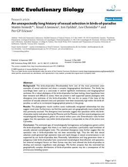 An Unexpectedly Long History of Sexual Selection in Birds-Of-Paradise Martin Irestedt*1, Knud a Jønsson2, Jon Fjeldså2, Les Christidis3,4 and Per GP Ericson1