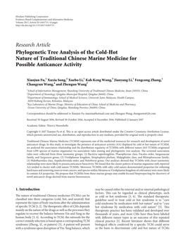 Research Article Phylogenetic Tree Analysis of the Cold-Hot Nature of Traditional Chinese Marine Medicine for Possible Anticancer Activity