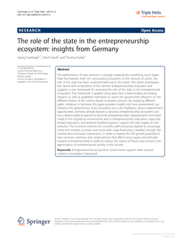 The Role of the State in the Entrepreneurship Ecosystem: Insights from Germany Georg Fuerlinger1*, Ulrich Fandl2 and Thomas Funke2