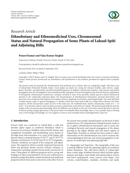 Ethnobotany and Ethnomedicinal Uses, Chromosomal Status and Natural Propagation of Some Plants of Lahaul-Spiti and Adjoining Hills