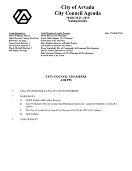 City of Arvada City Council Agenda MARCH 25, 2019 WORKSHOPS