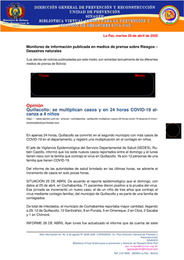 Opinión Quillacollo: Se Multiplican Casos Y En 24 Horas COVID-19 Al