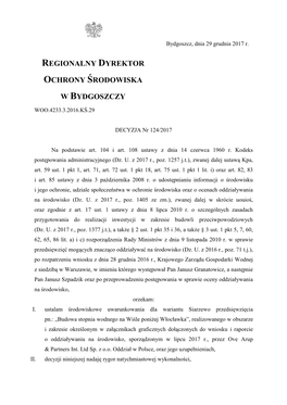 Regionalny Dyrektor Ochrony Środowiska W Bydgoszczy, W Dniu 29 Grudnia 2016 R., Wszczął Postępowanie Administracyjne (Obwieszczenie Znak: WOO.4233.3.2016.KŚ)