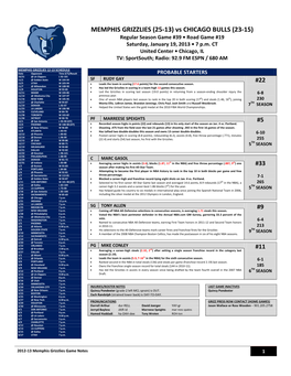 MEMPHIS GRIZZLIES (25-13) Vs CHICAGO BULLS (23-15)