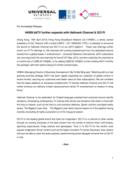 HKBN Bbtv Further Expands with Hallmark Channel & SCI FI