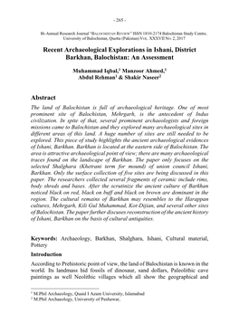 Recent Archaeological Explorations in Ishani, District Barkhan, Balochistan: an Assessment