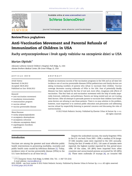 Anti-Vaccination Movement and Parental Refusals of Immunization of Children in USA Ruchy Antyszczepionkowe I Brak Zgody Rodzico´W Na Szczepienie Dzieci W USA