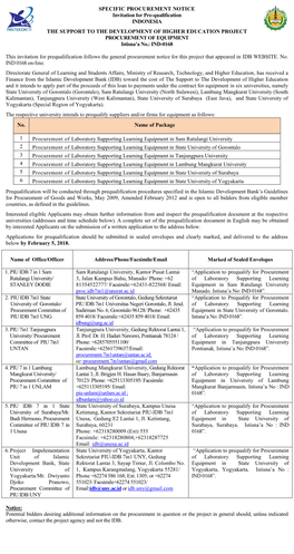 SPECIFIC PROCUREMENT NOTICE Invitation for Pre-Qualification