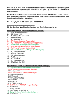 Die Am 29.06.2017 Vom Verbands-Fußballausschuss Beschlossene Einteilung Der Überkreislichen Spielgruppen 2017/2018 Ist Gem