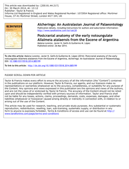 Postcranial Anatomy of the Early Notoungulate Allalmeia Atalaensis from the Eocene of Argentina Malena Lorente, Javier N