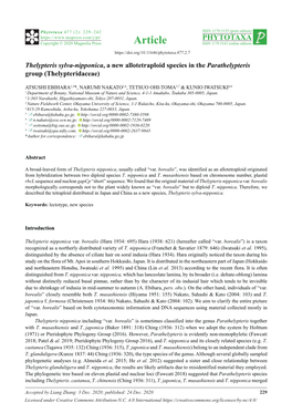 Thelypteris Sylva-Nipponica, a New Allotetraploid Species in the Parathelypteris Group (Thelypteridaceae)