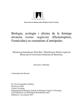 Biologia, Ecologia I Efectes De La Formiga Invasora Lasius Neglectus