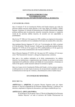 DECRETO SUPREMO N° 0264 Z EVO MORALES AYMA PRESIDENTE DEL ESTADO PLURINACIONAL DE BOLIVIA