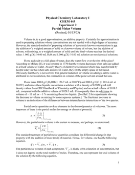 Physical Chemistry Laboratory I CHEM 445 Experiment 2 Partial Molar Volume (Revised, 01/13/03)