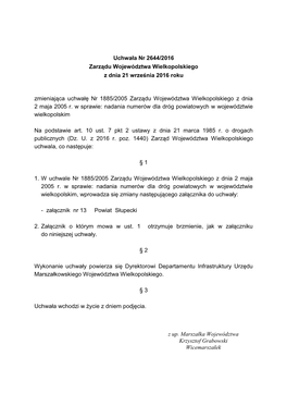Uchwała Nr 2644/2016 Zarządu Województwa Wielkopolskiego Z Dnia 21 Września 2016 Roku