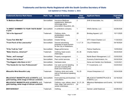 Trademarks and Service Marks Registered with the South Carolina Secretary of State List Updated on Friday, October 1, 2021