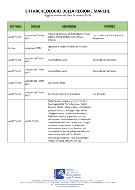 SITI ARCHEOLOGICI DELLA REGIONE MARCHE Aggiornamento Alla Data 24 Ottobre 2019