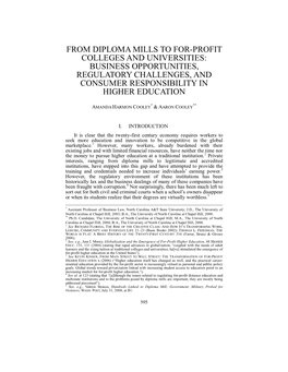 From Diploma Mills to For-Profit Colleges and Universities: Business Opportunities, Regulatory Challenges, and Consumer Responsibility in Higher Education