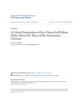 A Critical Examination of Key Claims Karl Rahner Makes About His Thesis of the Anonymous Christian Brantly C