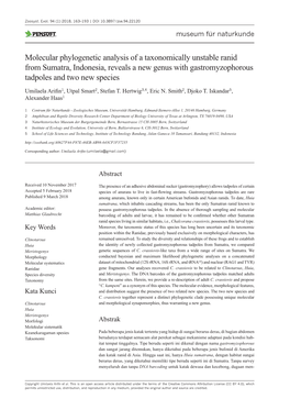 Molecular Phylogenetic Analysis of a Taxonomically Unstable Ranid from Sumatra, Indonesia, Reveals a New Genus with Gastromyzophorous Tadpoles and Two New Species