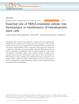 Essential Role of FBXL5-Mediated Cellular Iron Homeostasis in Maintenance of Hematopoietic Stem Cells