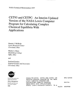 CET93 and CETPC: an Interim Updated Version of the NASA Lewis Computer Program for Calculating Complex Chemical Equilibria with Applications